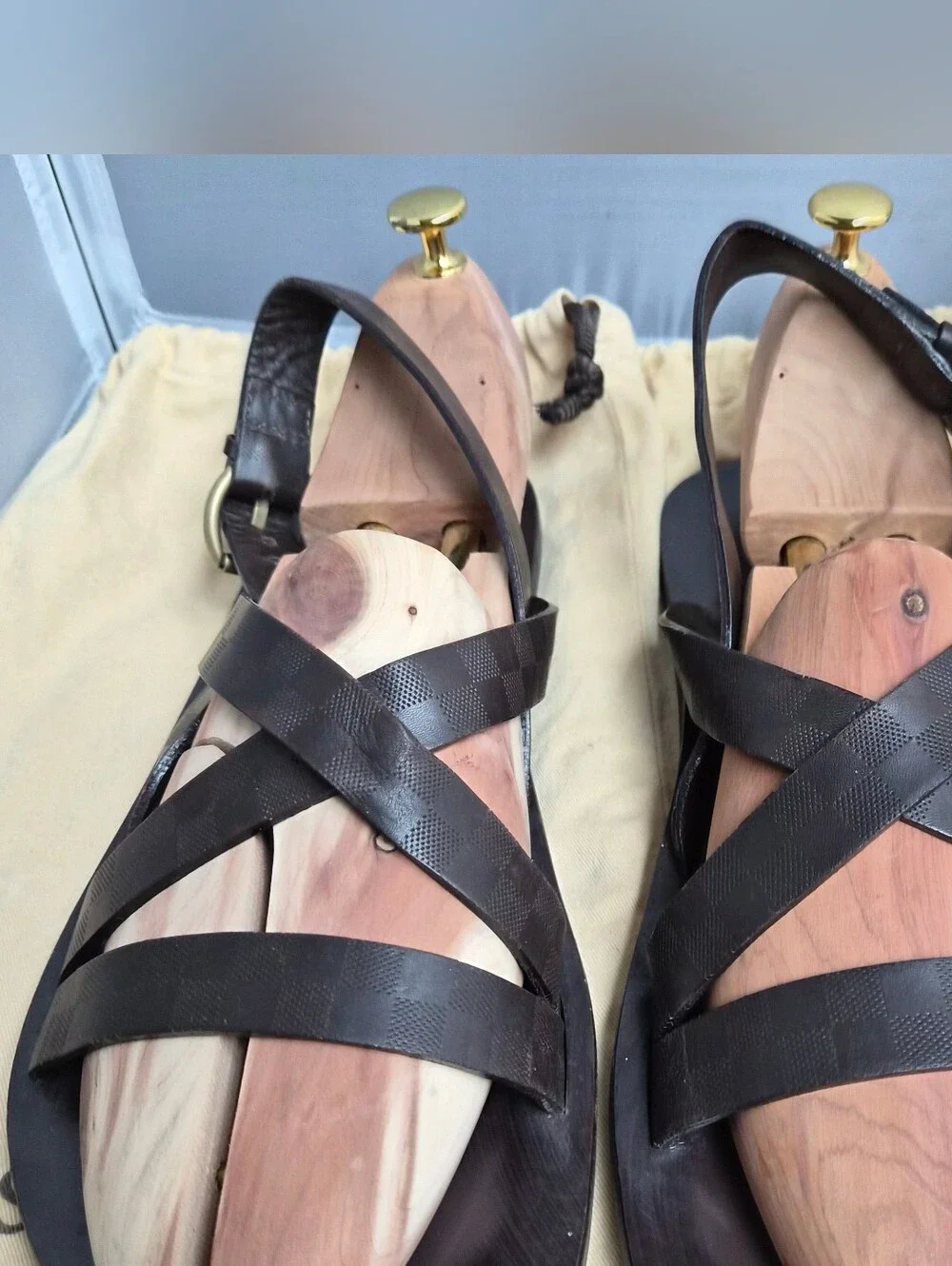 Louis Vuitton Damier Ebene Leather Crossover Strappy Sandals - Size LV 10